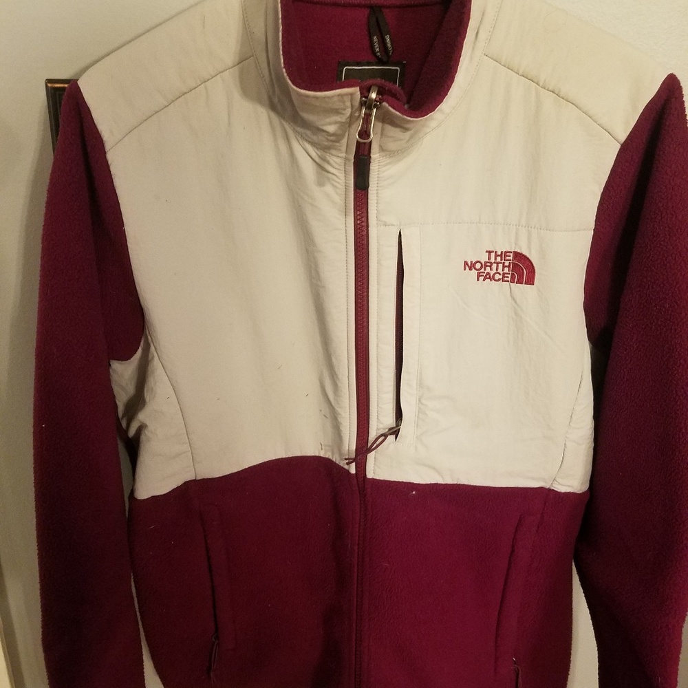 Burgundy and gray North Face